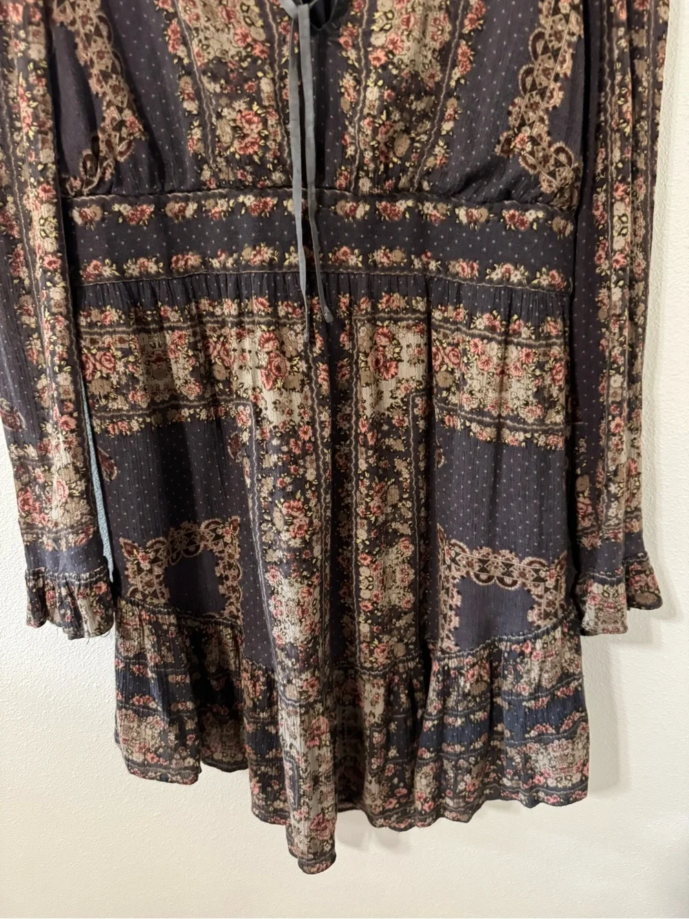 Free People Bridgette Mini Dress Brown Floral V Neck Tie Long Sleeve Peasant-S